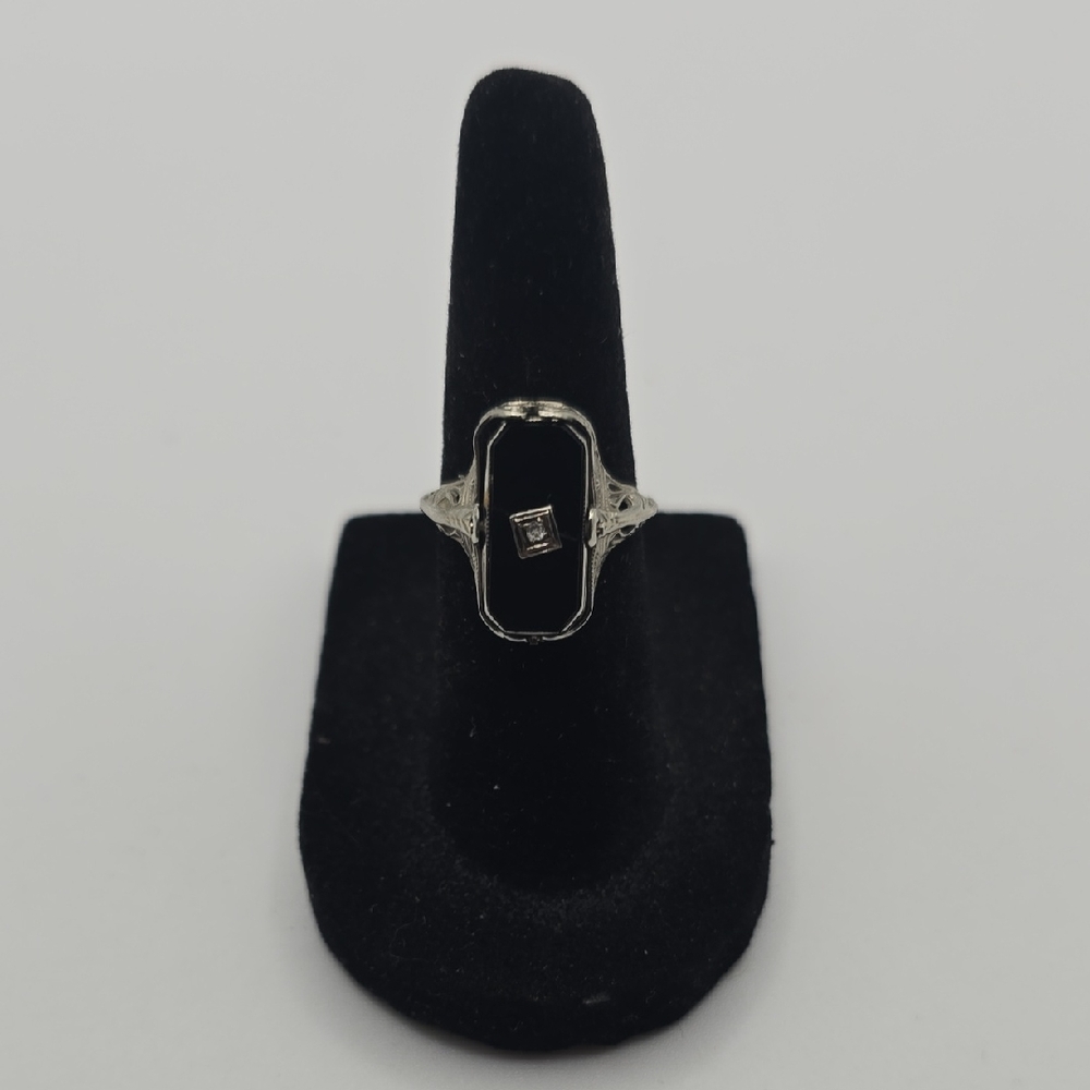 Sterling Silver Black Onyx Art Deco Ring with Square Diamond Accent